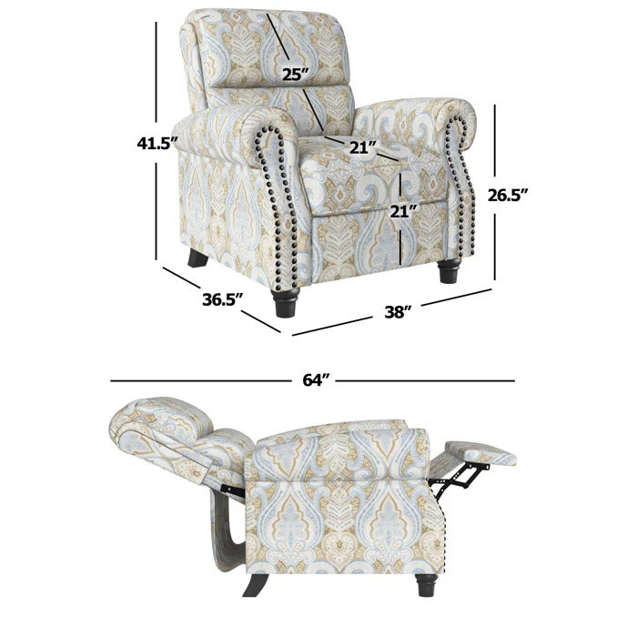 Sofi Print Fabric with Bronze Nail head Trim Push Back Recliner in multi color