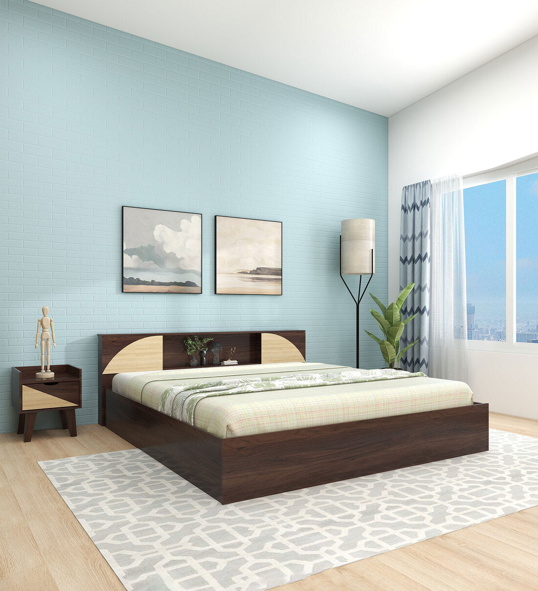 Siena King Size Bed In Walnut Melamine Finish With Box & Headboard Storage