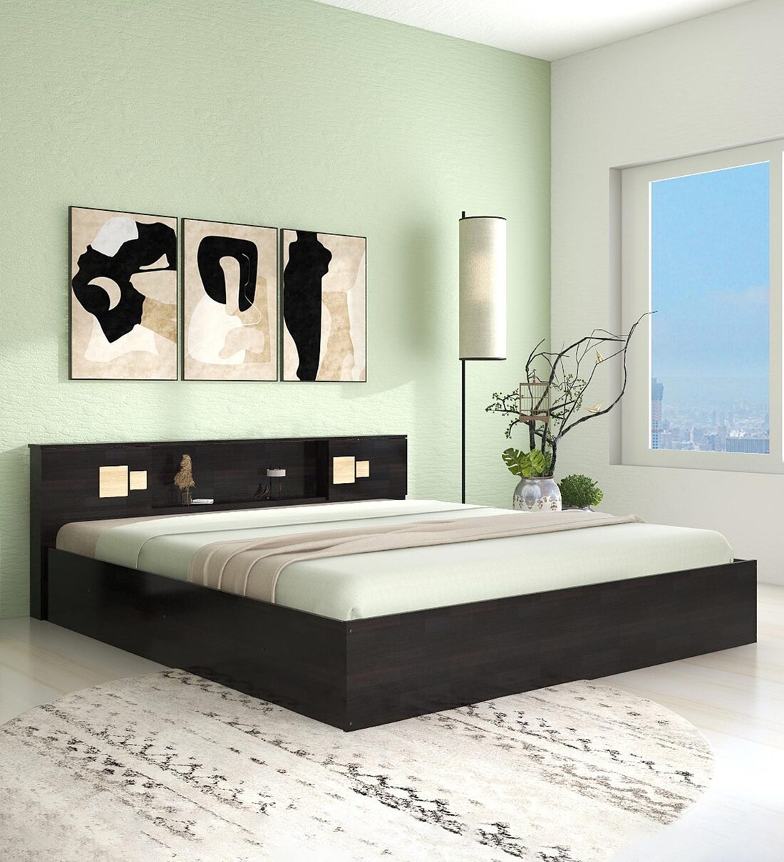 Nexa Bed with Box Storage & Headboard Storage in Brown Finish