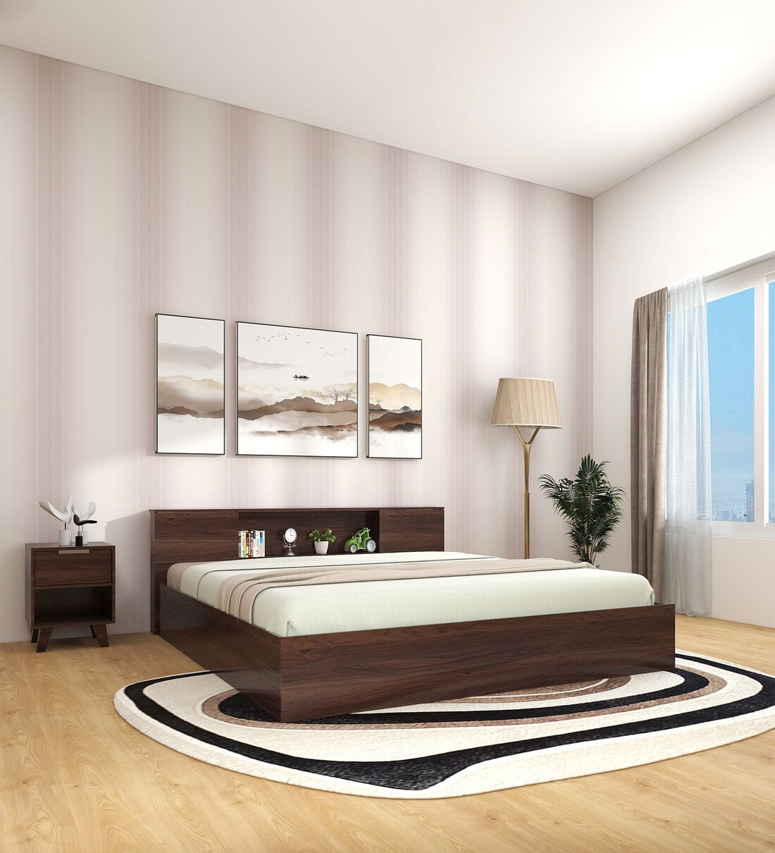 Zuri Bed with Box and Headboard Storage In Walnut Melamine Finish