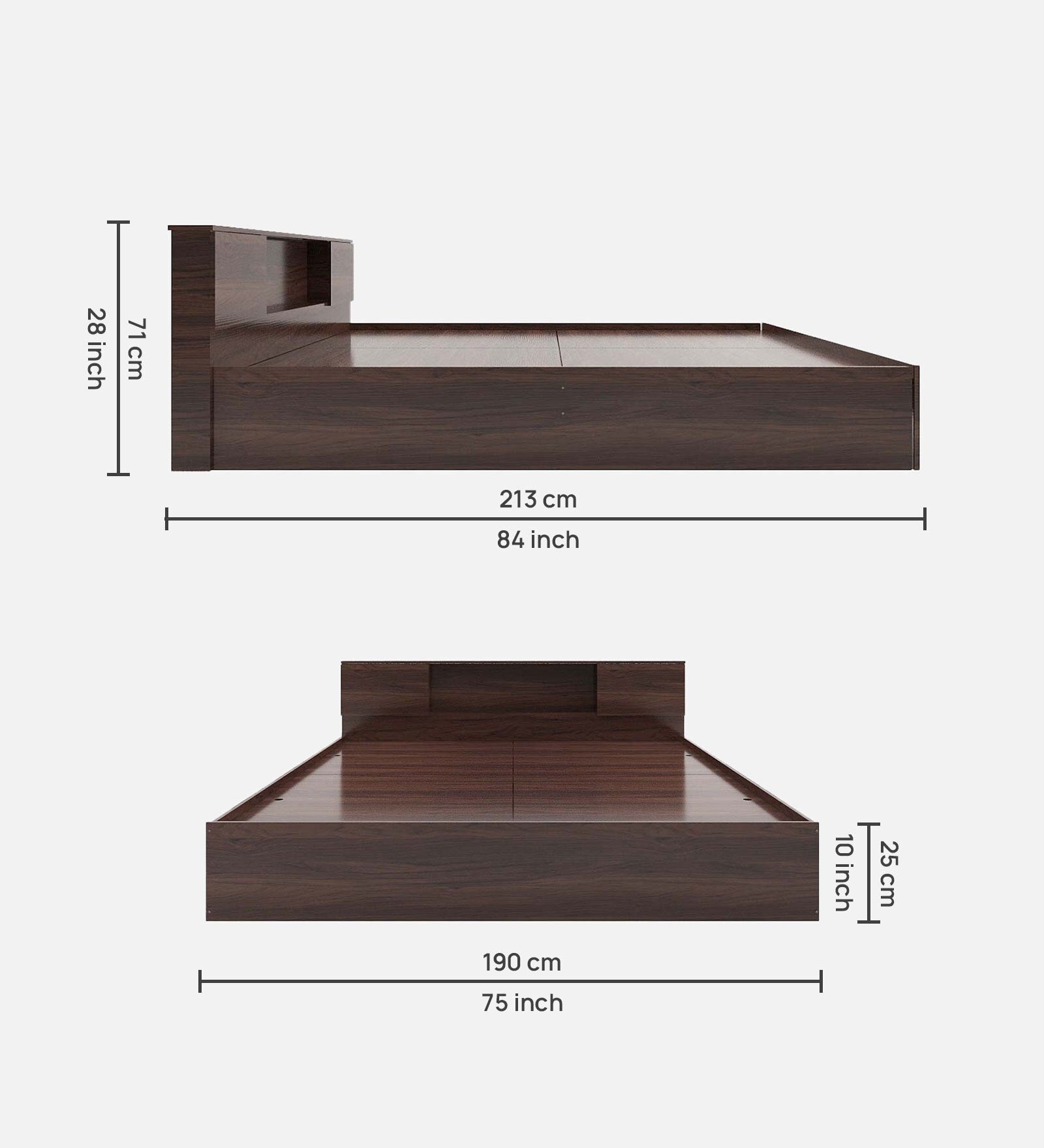 Zuri Bed with Box and Headboard Storage In Walnut Melamine Finish