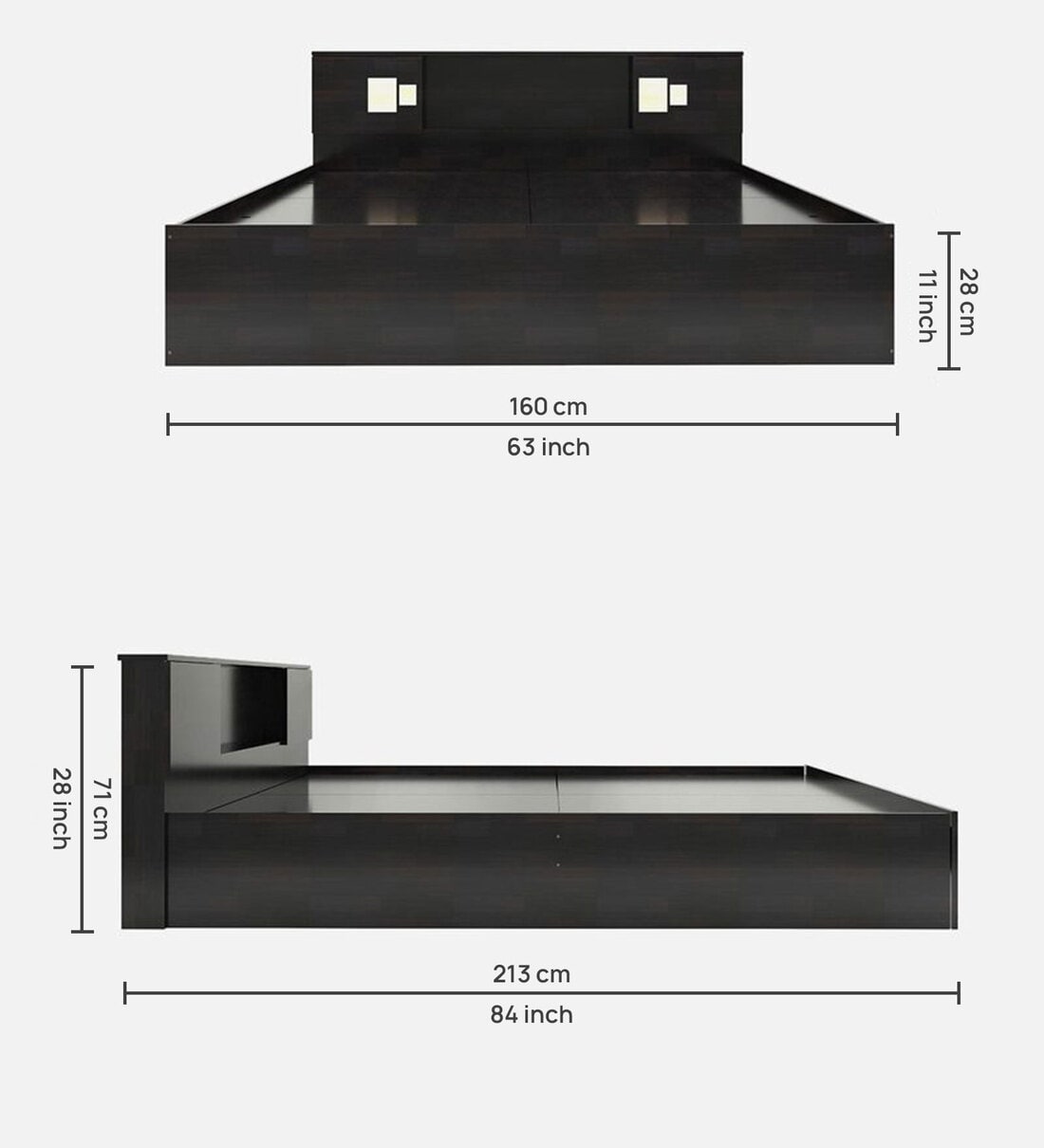 Nexa Bed with Box Storage & Headboard Storage in Brown Finish