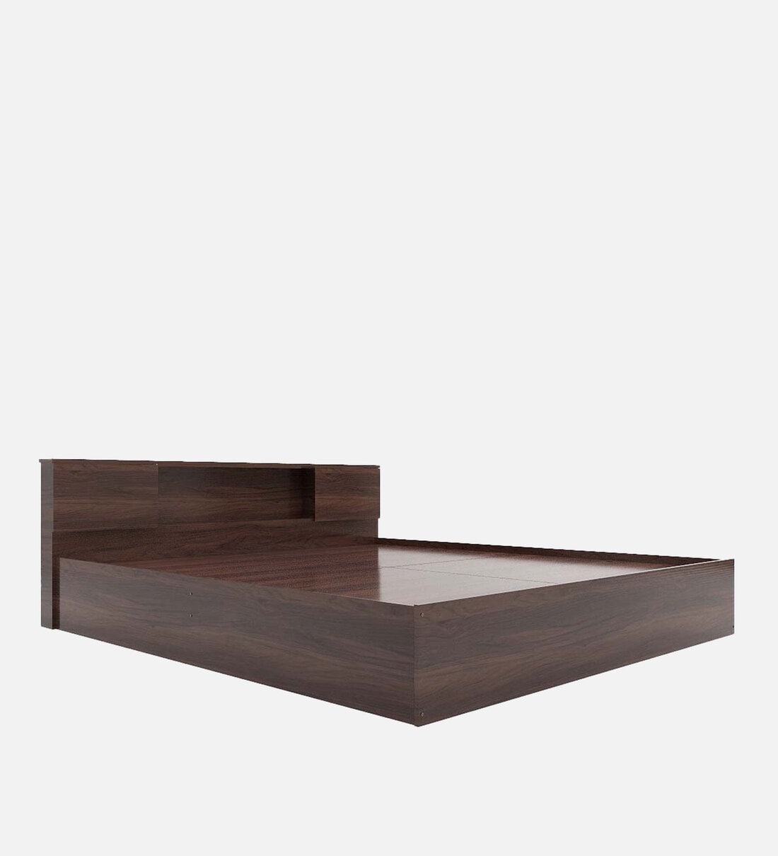 Zuri Bed with Box and Headboard Storage In Walnut Melamine Finish