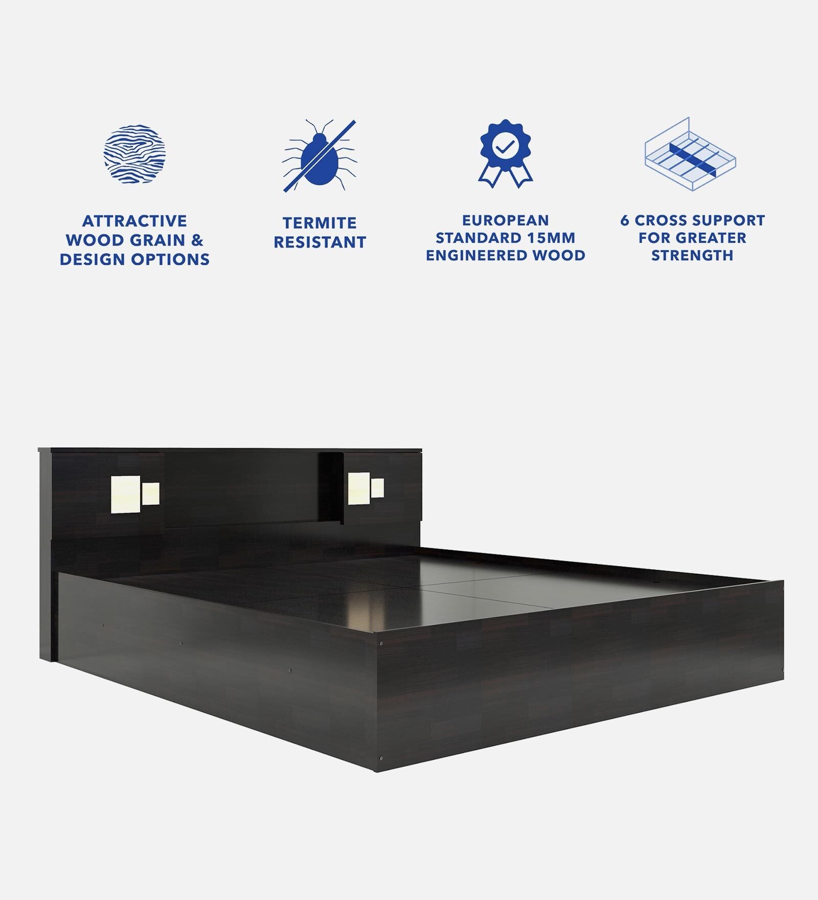 Nexa Bed with Box Storage & Headboard Storage in Brown Finish