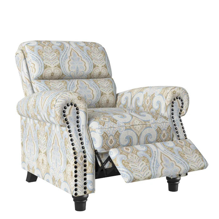 Sofi Print Fabric with Bronze Nail head Trim Push Back Recliner in multi color