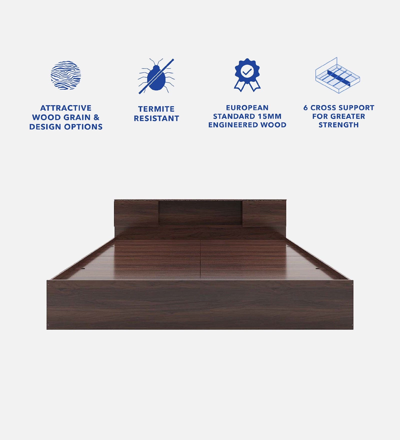 Zuri Bed with Box and Headboard Storage In Walnut Melamine Finish