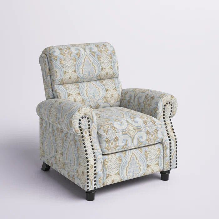 Sofi Print Fabric with Bronze Nail head Trim Push Back Recliner in multi color