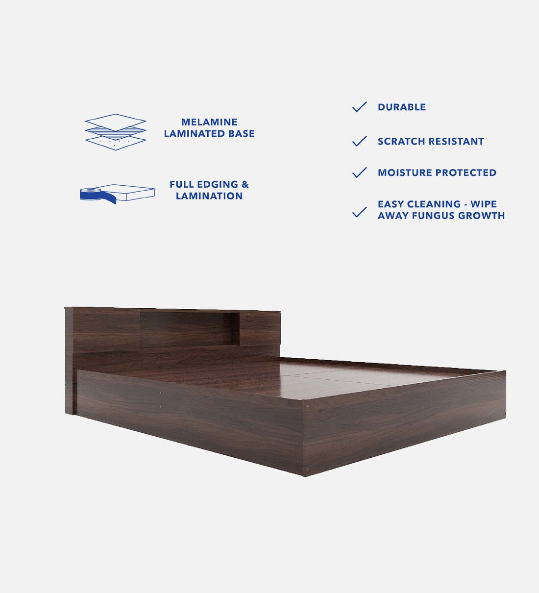 Zuri Bed with Box and Headboard Storage In Walnut Melamine Finish