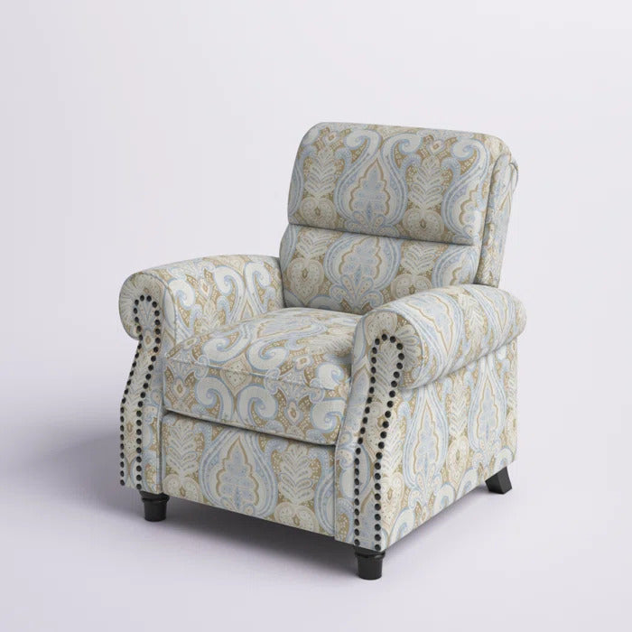 Sofi Print Fabric with Bronze Nail head Trim Push Back Recliner in multi color