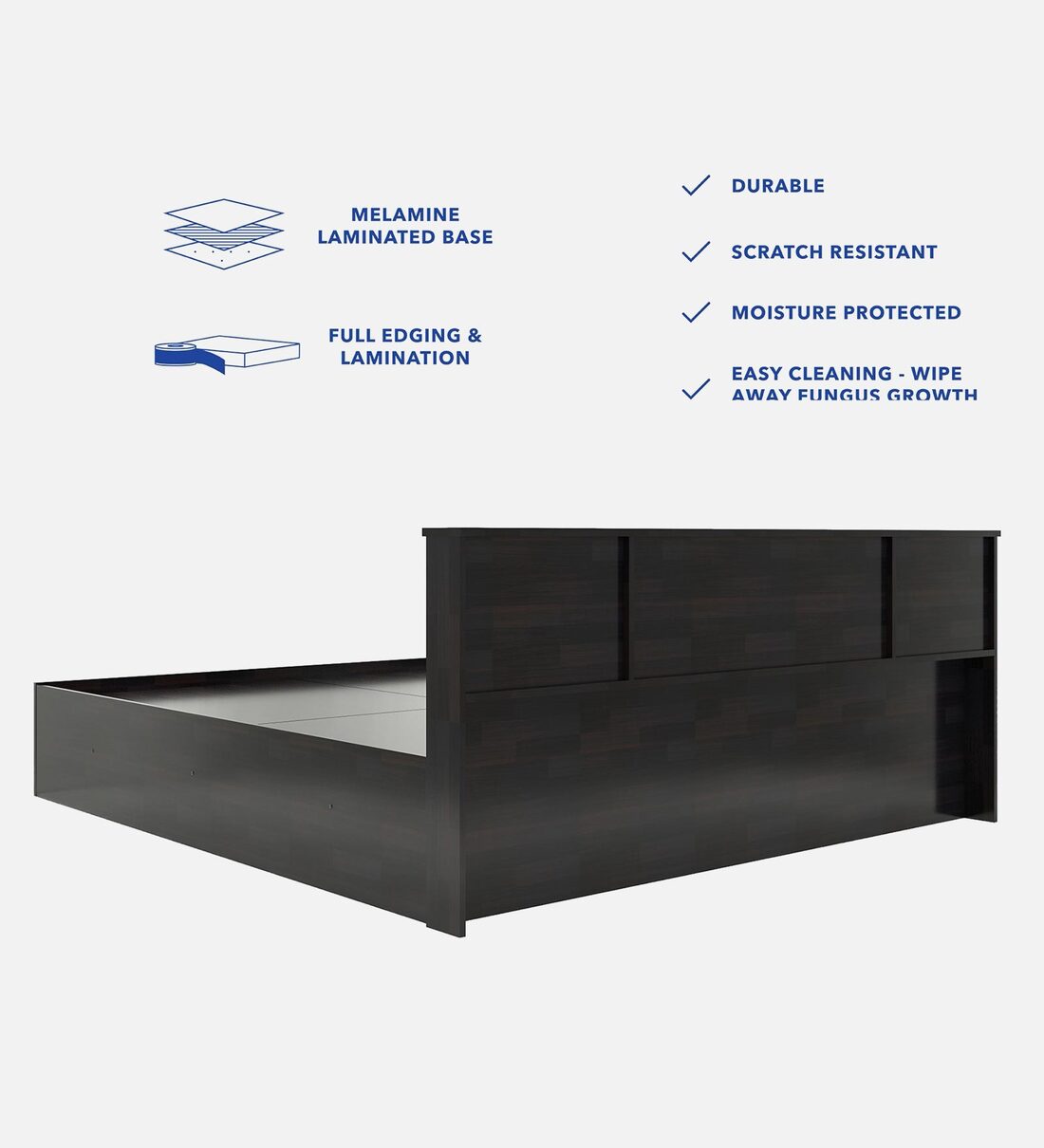 Nexa Bed with Box Storage & Headboard Storage in Brown Finish