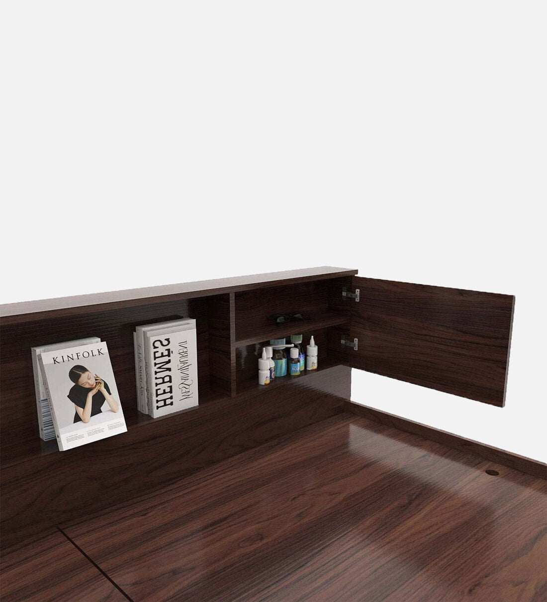 Zuri Bed with Box and Headboard Storage In Walnut Melamine Finish