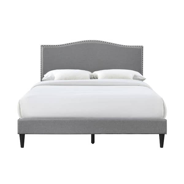 Bantia Dogwood Stone Silver Upholstered Queen Platform Bed with Arched Nailhead Headboard