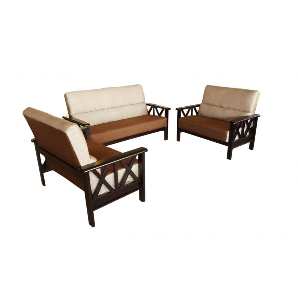 Bantia Oak Wood 3+2+2 Sofa Set In Cream and Brown Colour Judy Fabric