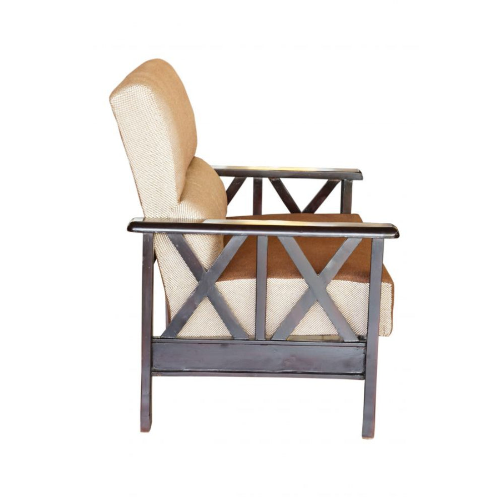 Bantia Oak Wood 3+2+2 Sofa Set In Cream and Brown Colour Judy Fabric