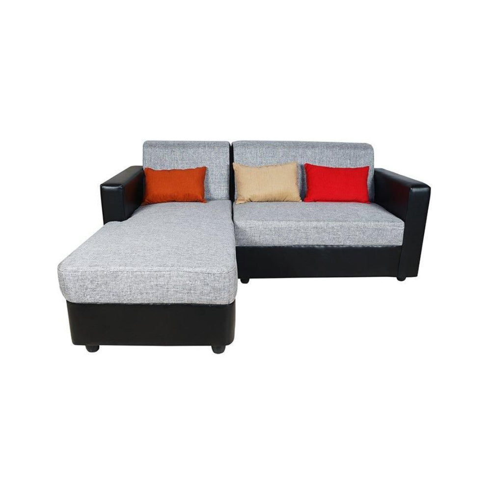 Dublin 2+1 Seater + Lounger in Fabric and Blended Silk Multi Colour Pillows and Black Art Leather