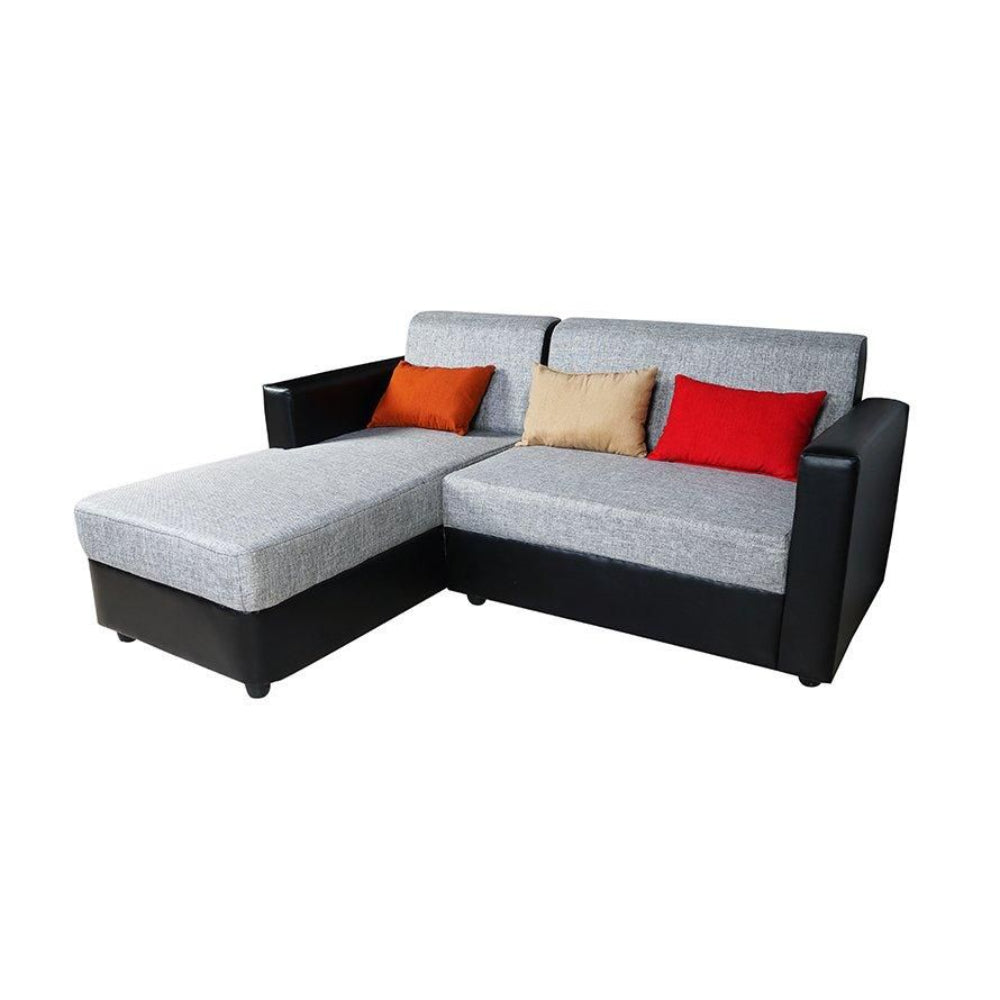 Dublin 2+1 Seater + Lounger in Fabric and Blended Silk Multi Colour Pillows and Black Art Leather