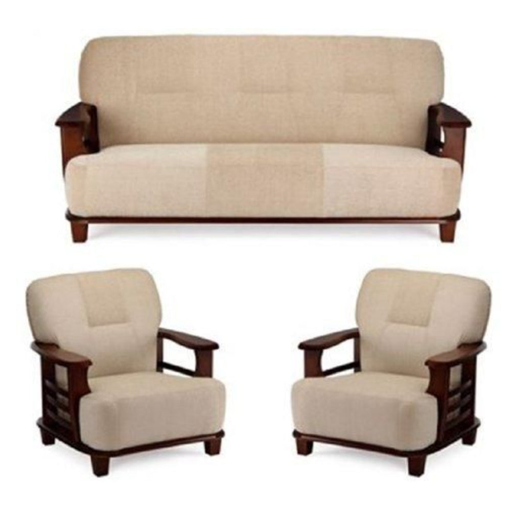 Moscow Teakwood Sofa Set with Cream Colour Cotton Upholstery in Walnut Finish