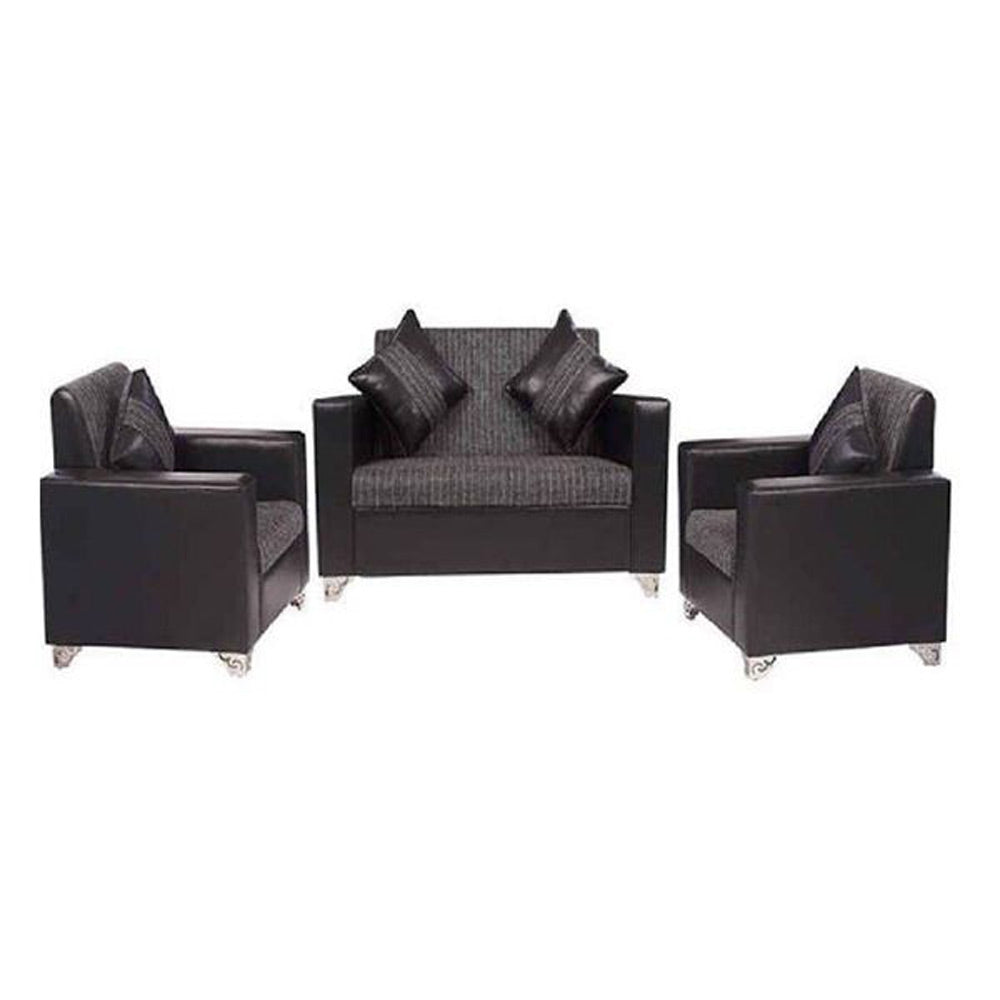 Brazil 2+1+1 Black Leatherite Sofa Set with Grey and Black Calico Fabric Upholstery