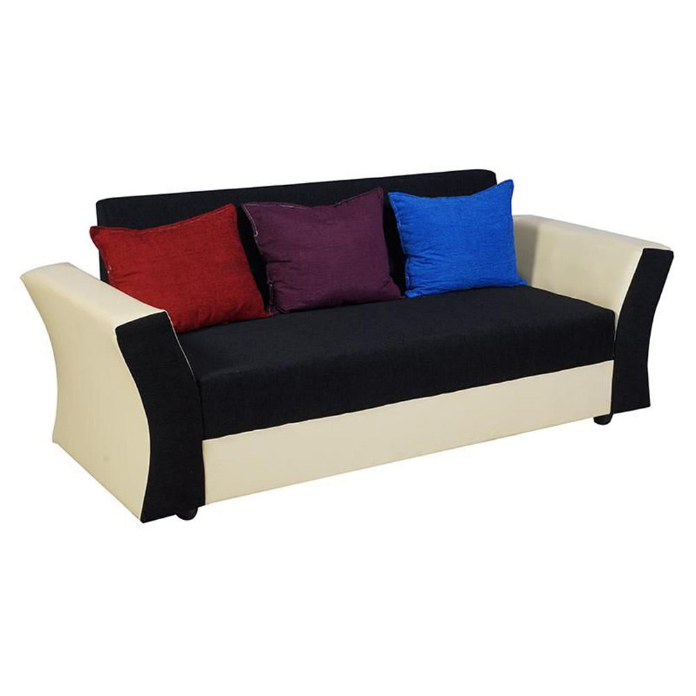 Beverly Sofa Set In Artificial Leather with Black and Cream Italian Fabric with Designer Pillows