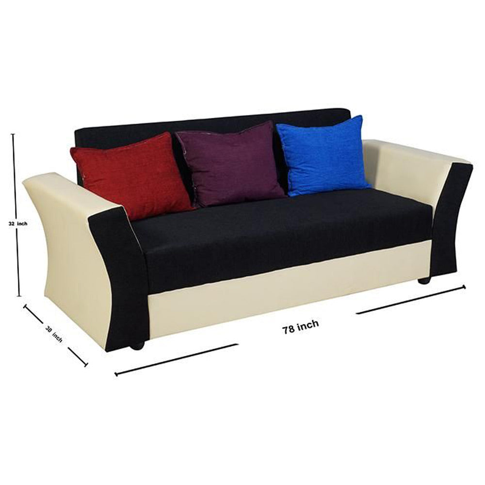 Beverly Sofa Set In Artificial Leather with Black and Cream Italian Fabric with Designer Pillows