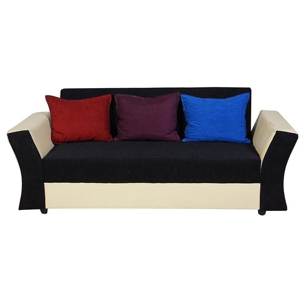 Beverly Sofa Set In Artificial Leather with Black and Cream Italian Fabric with Designer Pillows