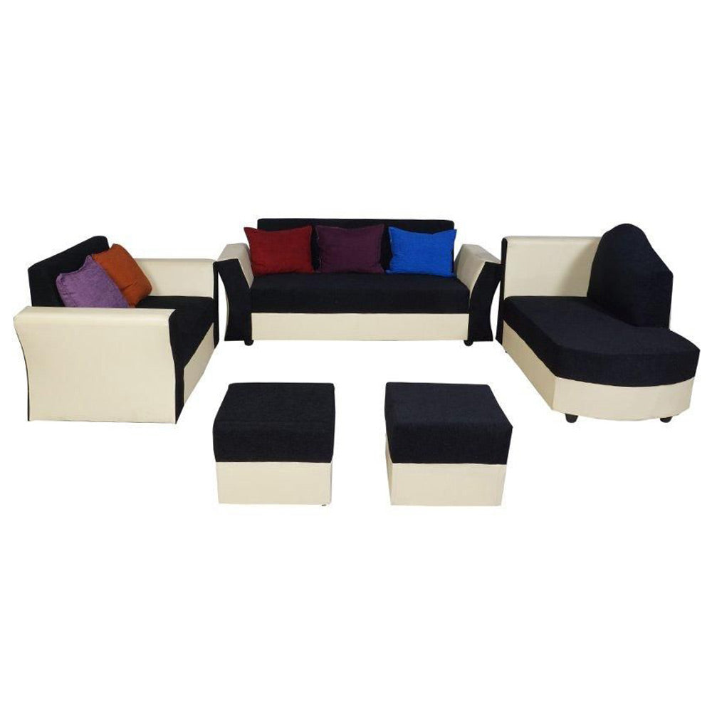 Beverly Sofa Set In Artificial Leather with Black and Cream Italian Fabric with Designer Pillows