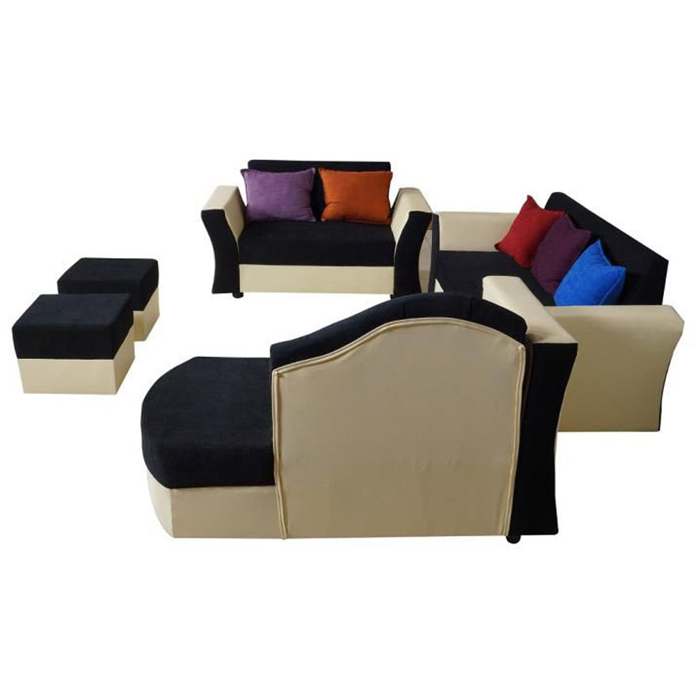 Beverly Sofa Set In Artificial Leather with Black and Cream Italian Fabric with Designer Pillows
