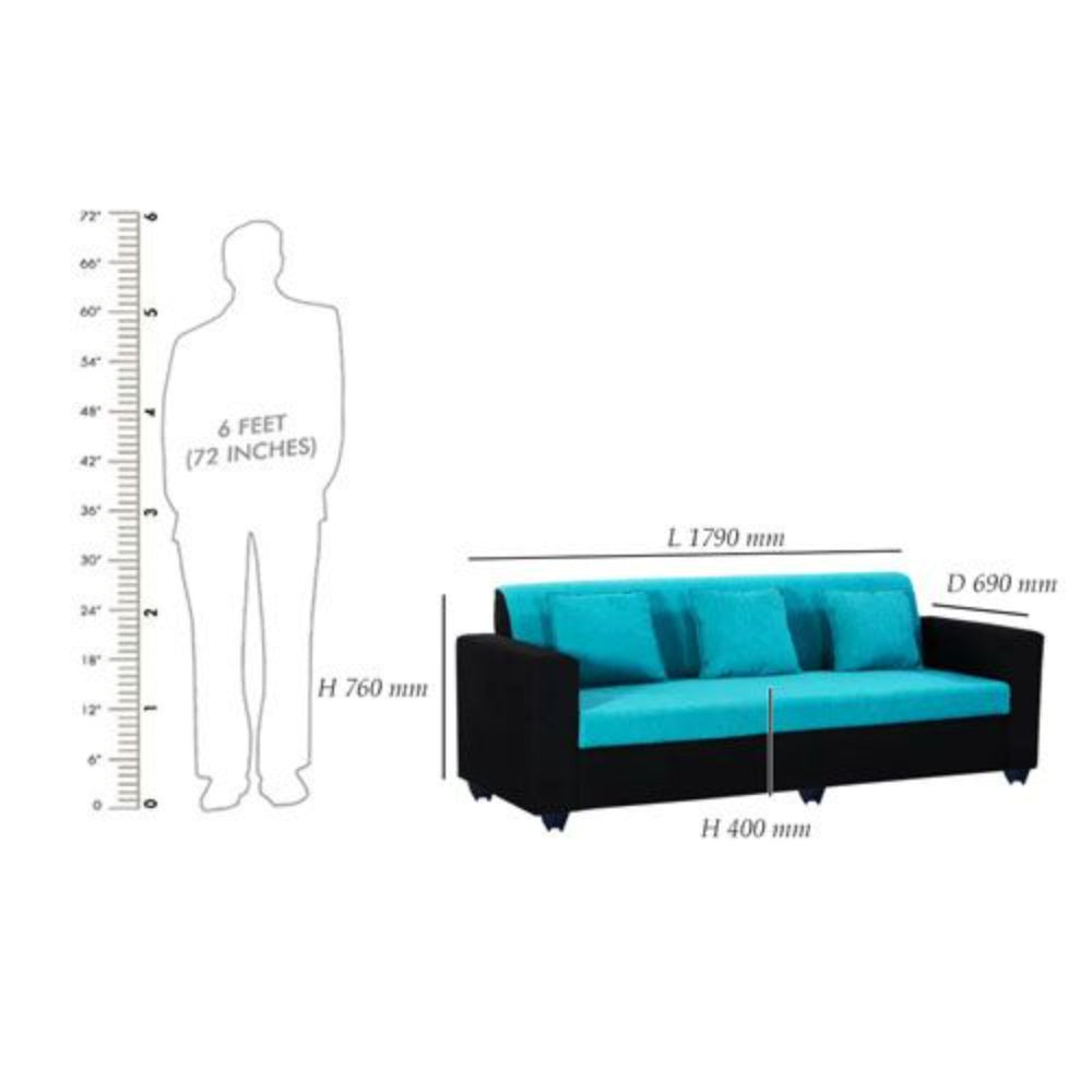 Bantia Desy Fabric 3 Seater Sofa (Color-Aqua Blue & Black)