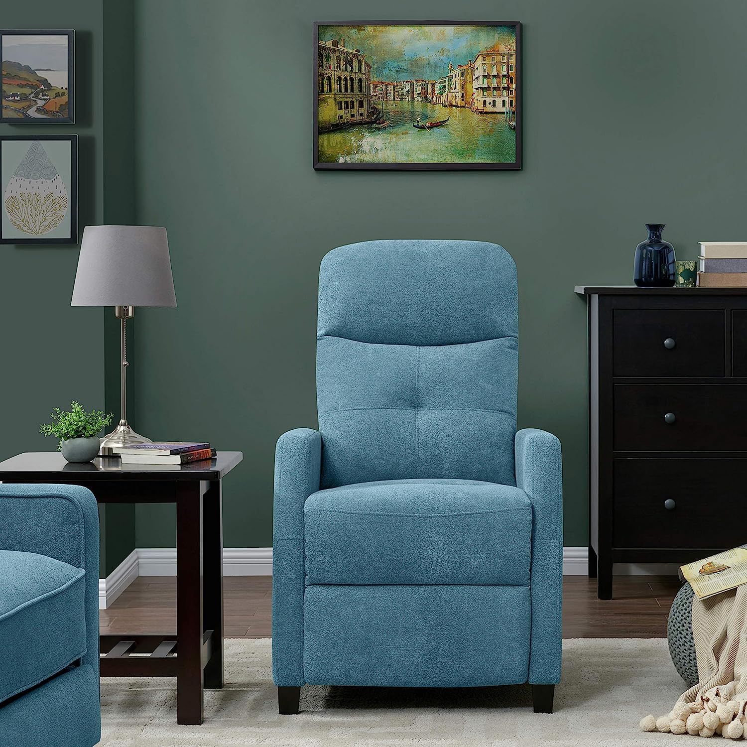 Blue Chenille Upholstered Push Back Recliner Chair