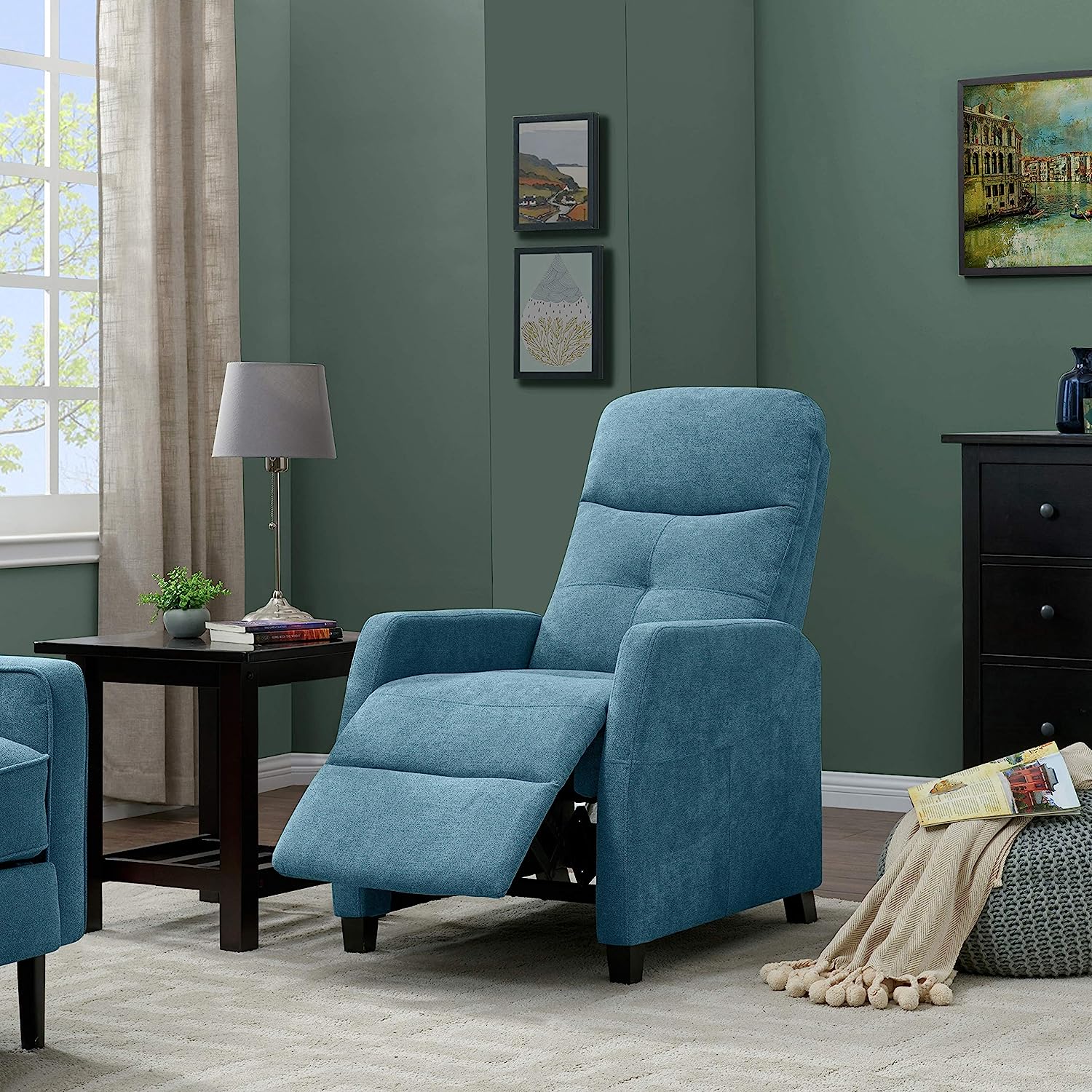 Blue Chenille Upholstered Push Back Recliner Chair