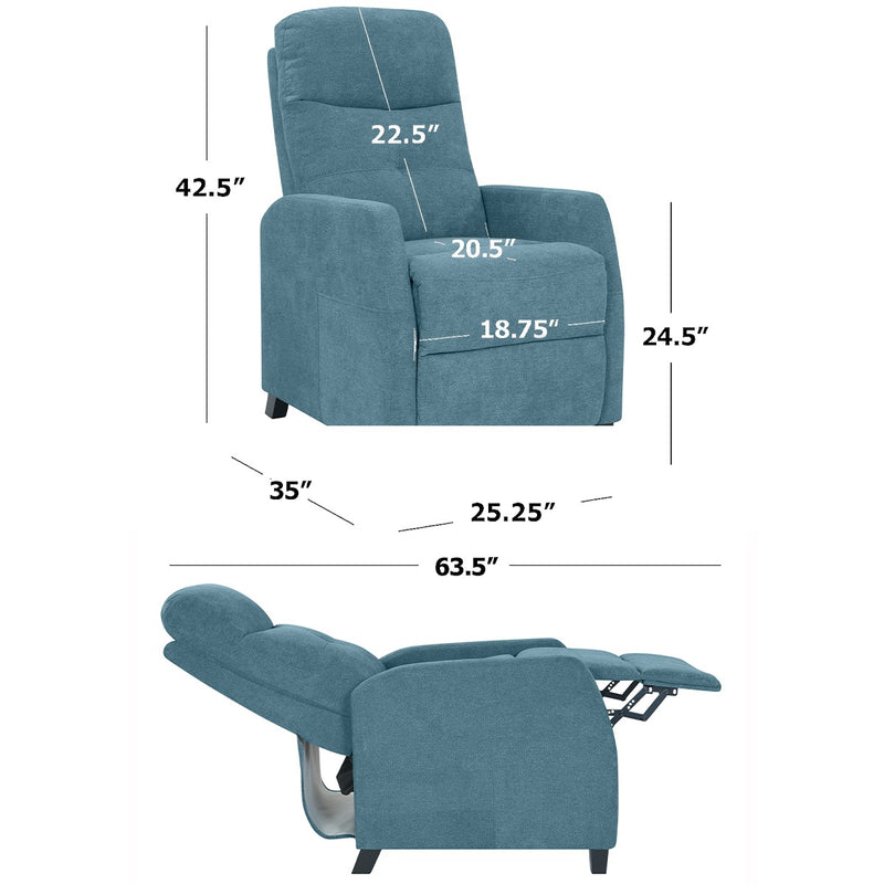 Blue Chenille Upholstered Push Back Recliner Chair