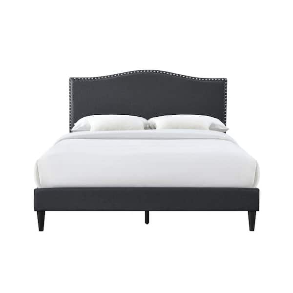 Bantia Dogwood Charcoal Gray Upholstered Queen Platform Bed with Arched Nailhead Headboard