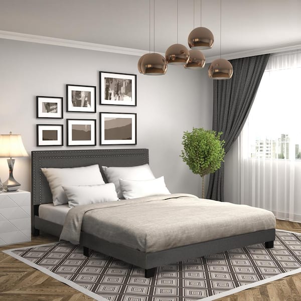 Bantia Driftwood Stone Silver Upholstered Queen Platform Bed with Tufted Arched Headboard