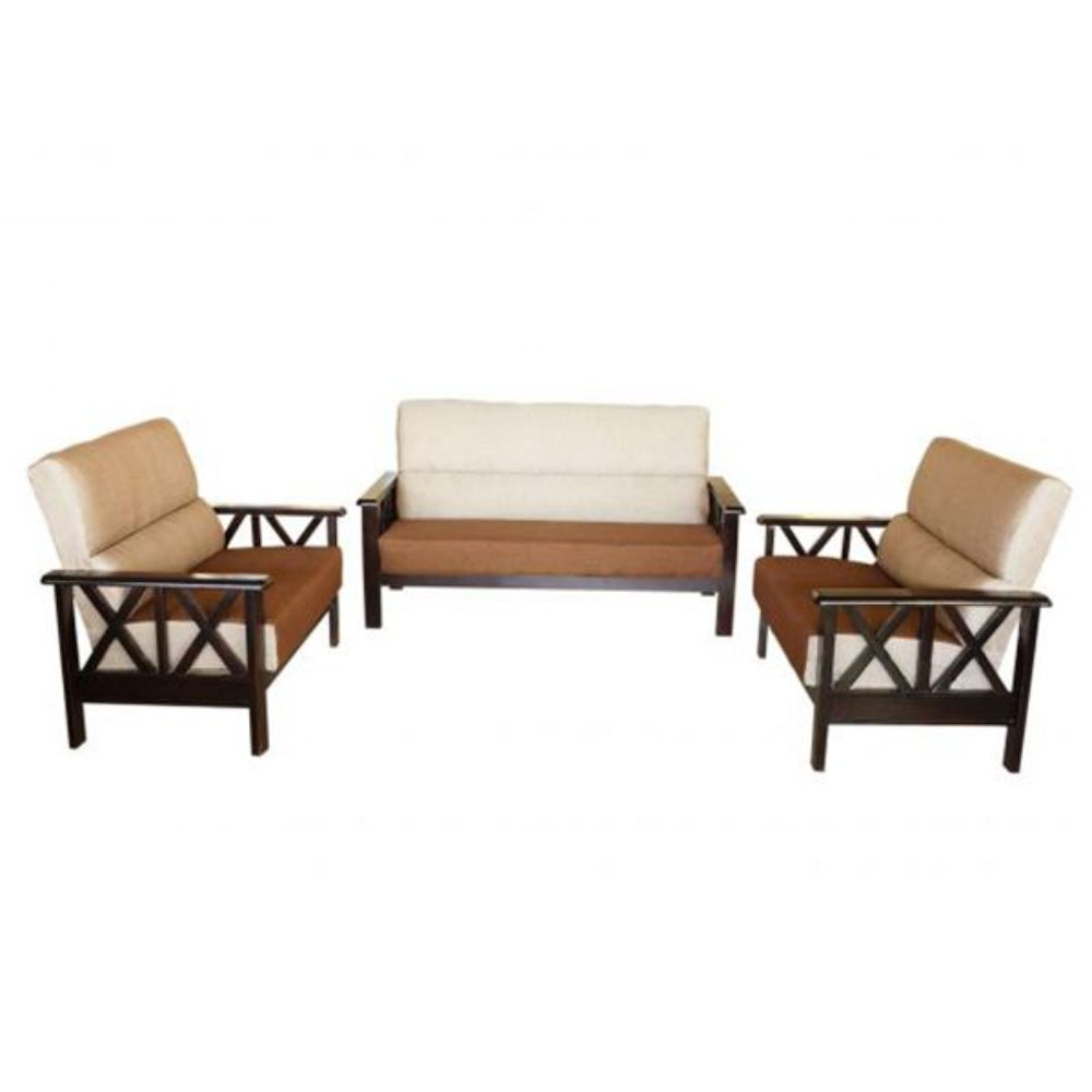 Bantia Oak Wood 3+2+2 Sofa Set In Cream and Brown Colour Judy Fabric