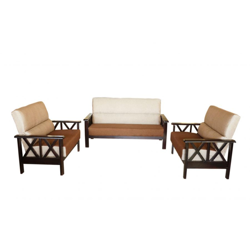 Bantia Oak Wood 3+2+2 Sofa Set In Cream and Brown Colour Judy Fabric