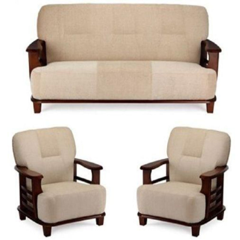Moscow Teakwood Sofa Set with Cream Colour Cotton Upholstery in Walnut Finish