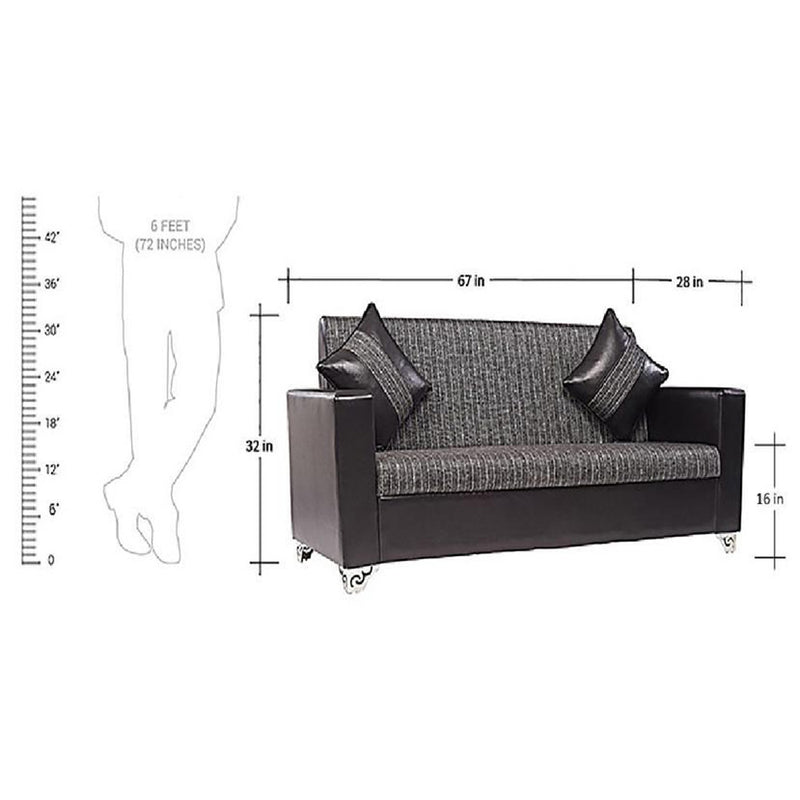 Brazil 2+1+1 Black Leatherite Sofa Set with Grey and Black Calico Fabric Upholstery