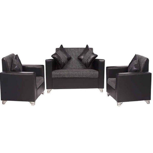 Brazil 2+1+1 Black Leatherite Sofa Set with Grey and Black Calico Fabric Upholstery