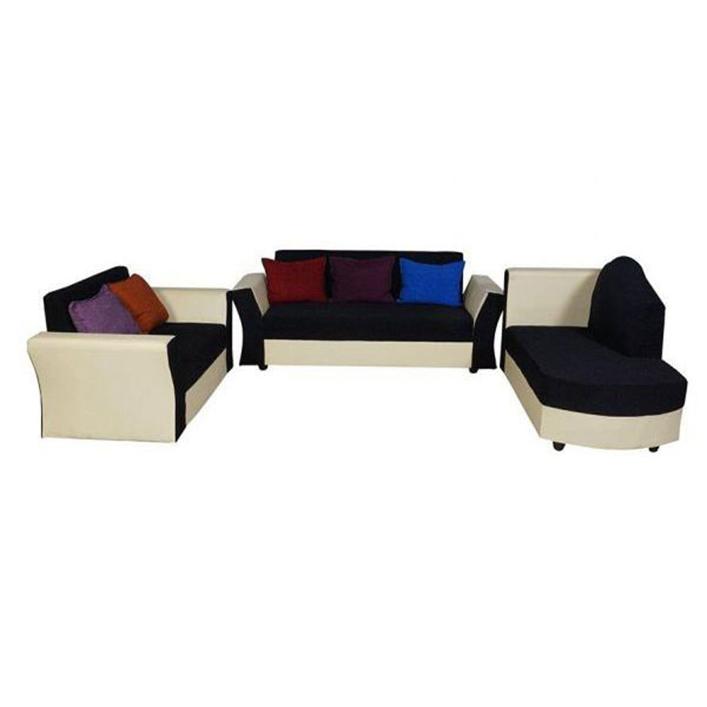 Beverly Sofa Set In Artificial Leather with Black and Cream Italian Fabric with Designer Pillows