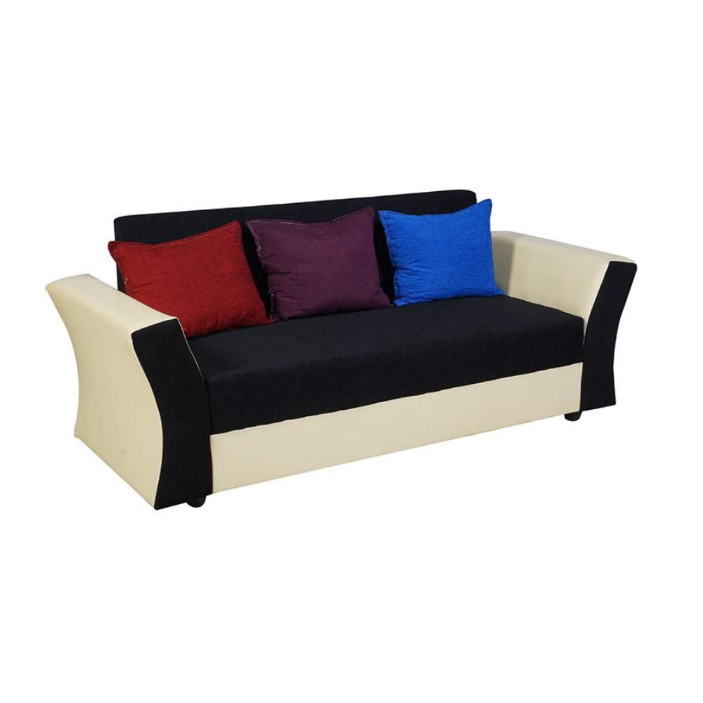 Beverly Sofa Set In Artificial Leather with Black and Cream Italian Fabric with Designer Pillows