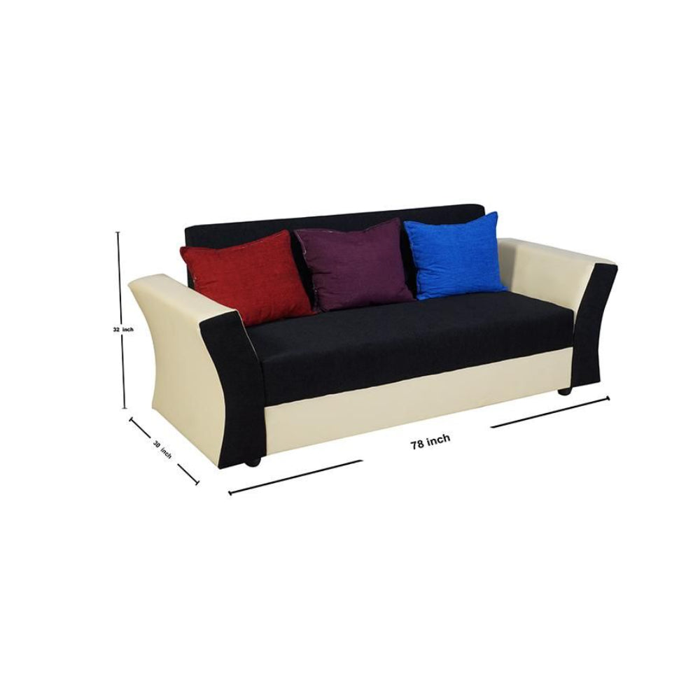 Beverly Sofa Set In Artificial Leather with Black and Cream Italian Fabric with Designer Pillows