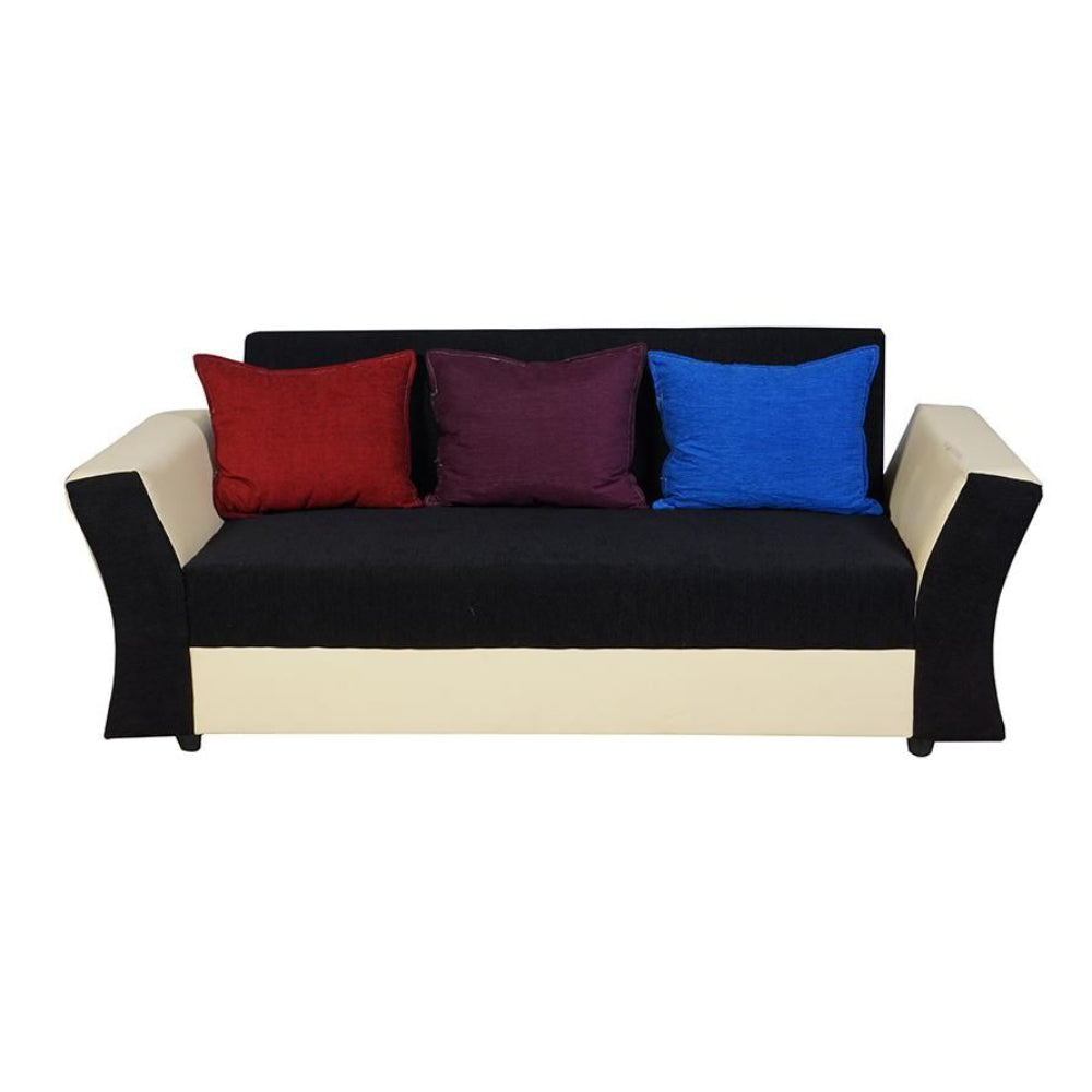 Beverly Sofa Set In Artificial Leather with Black and Cream Italian Fabric with Designer Pillows