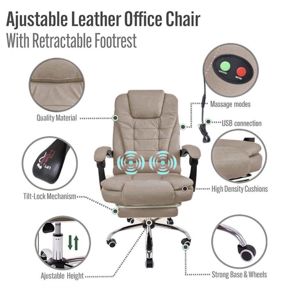 Harward Office Chair With Massager & Footrest In Khaki Colour